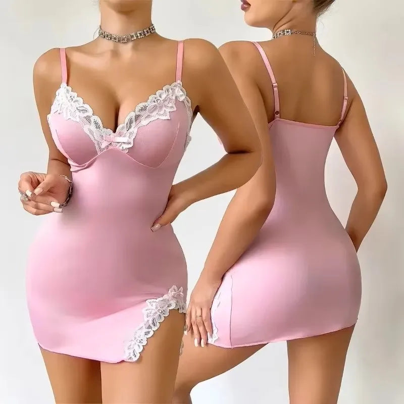 Lace Deep V Nightdress – Pink Seductive Slip