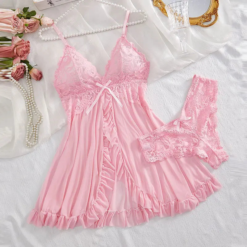 Sheer Tulle V‑Neck Nightgown & Thong Set