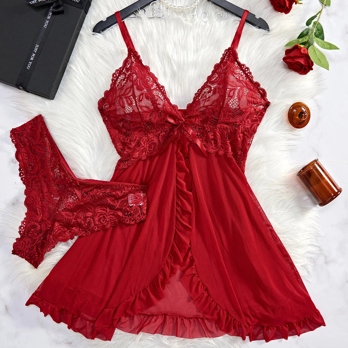 Sheer Tulle V‑Neck Nightgown & Thong Set