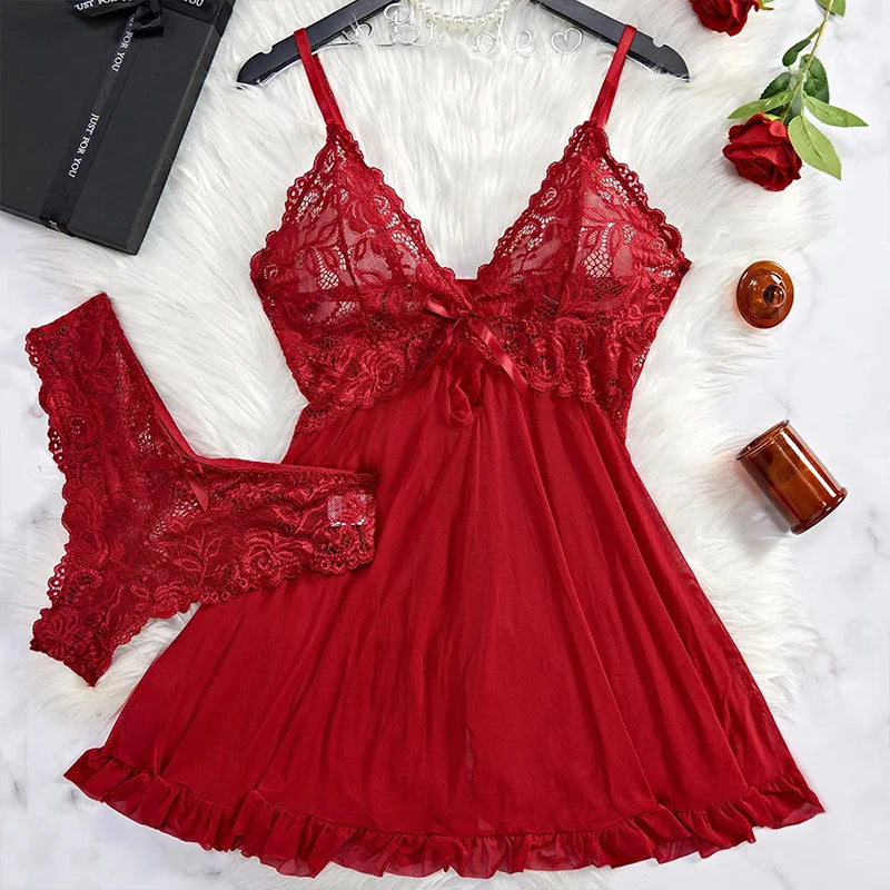 Red Lace Sheer Nightdress & Panty Set