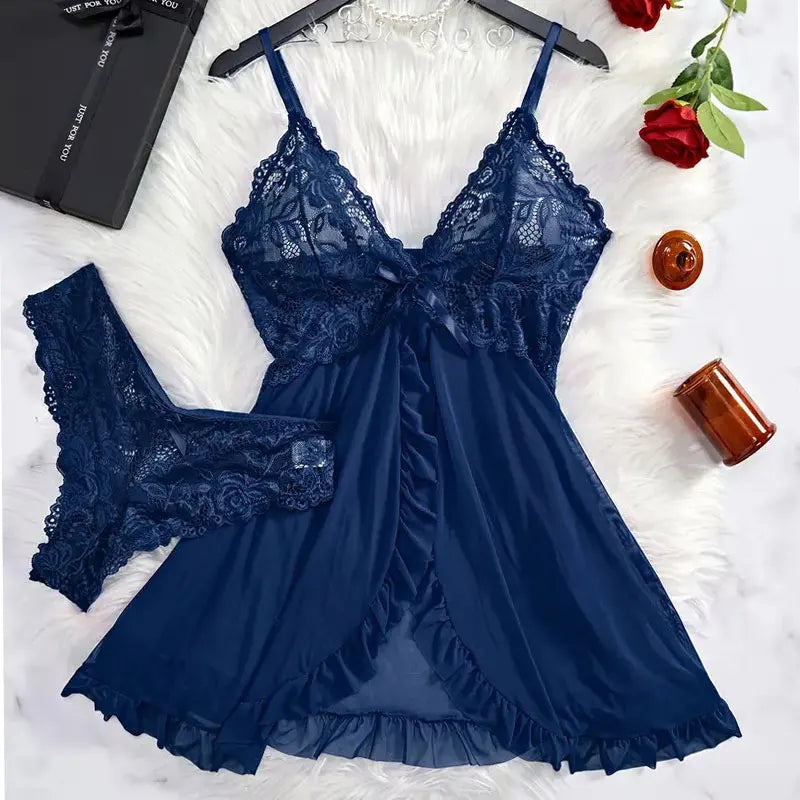 Sheer Tulle V‑Neck Nightgown & Thong Set