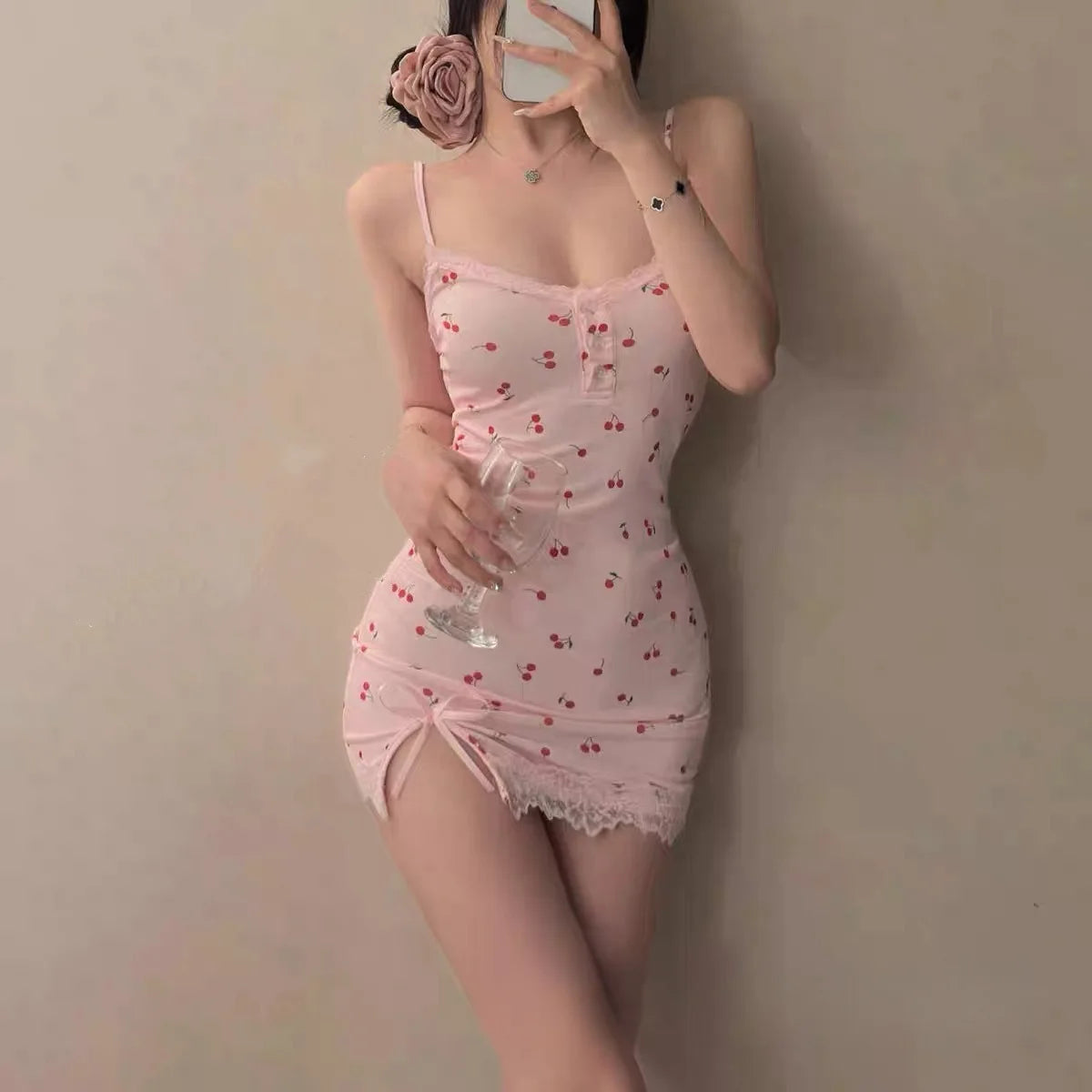 Pink Cherry Lace Trim Mini Nightdress